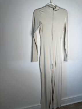 Cream Long Sleeve Zip-Front Jumpsuit